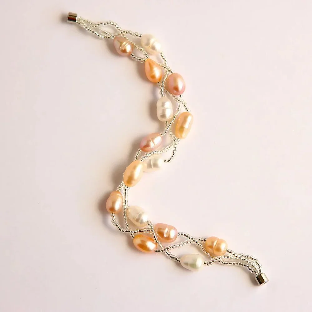 Layered Freshwater Pearl Bracelet – Pink Peach Ivory – Sterling Silver Clasp